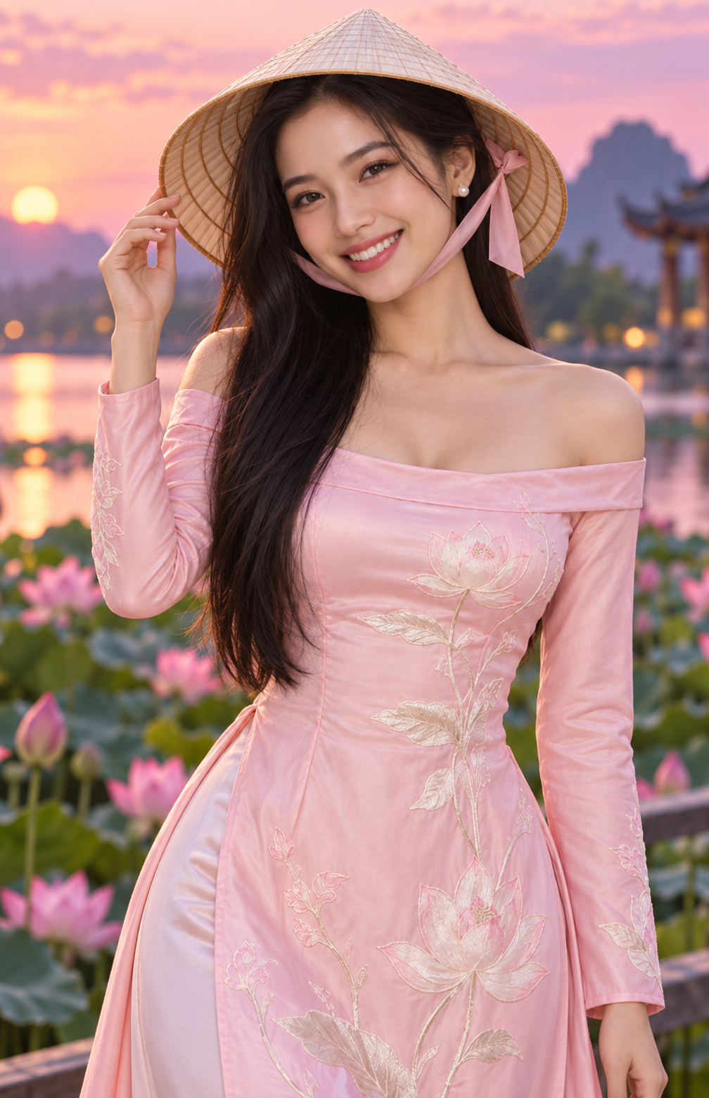 越南斗笠、粉色奥黛与莲花湖晚霞的AI宣传形象